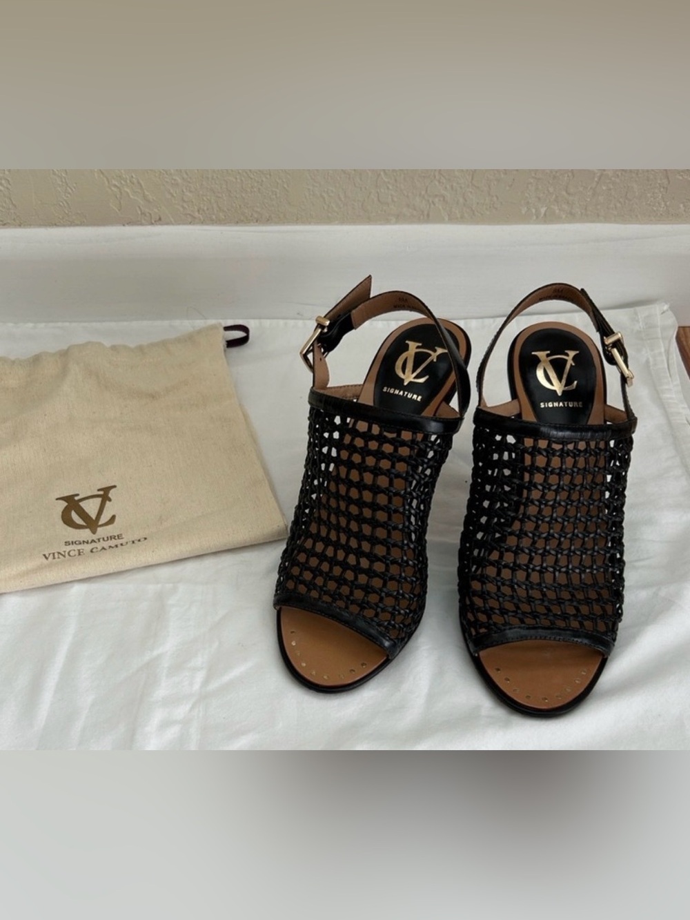 Vince Camuto Black Woven Peep-Toe Slingback Heels with Ankle Strap